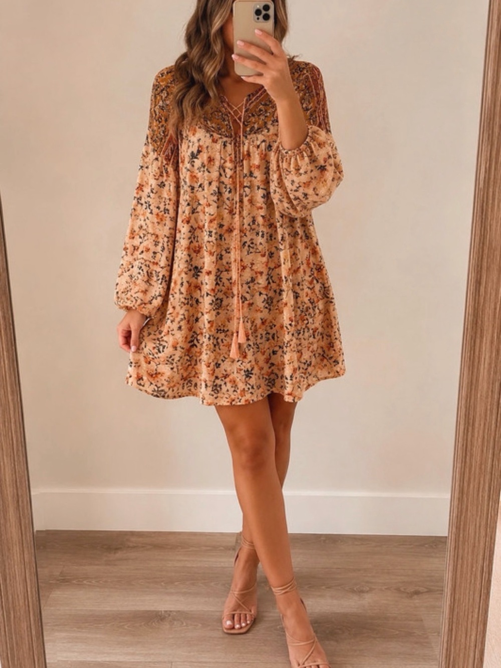 Umgee Peach Floral Boho Mini Dress with Tassel Tie